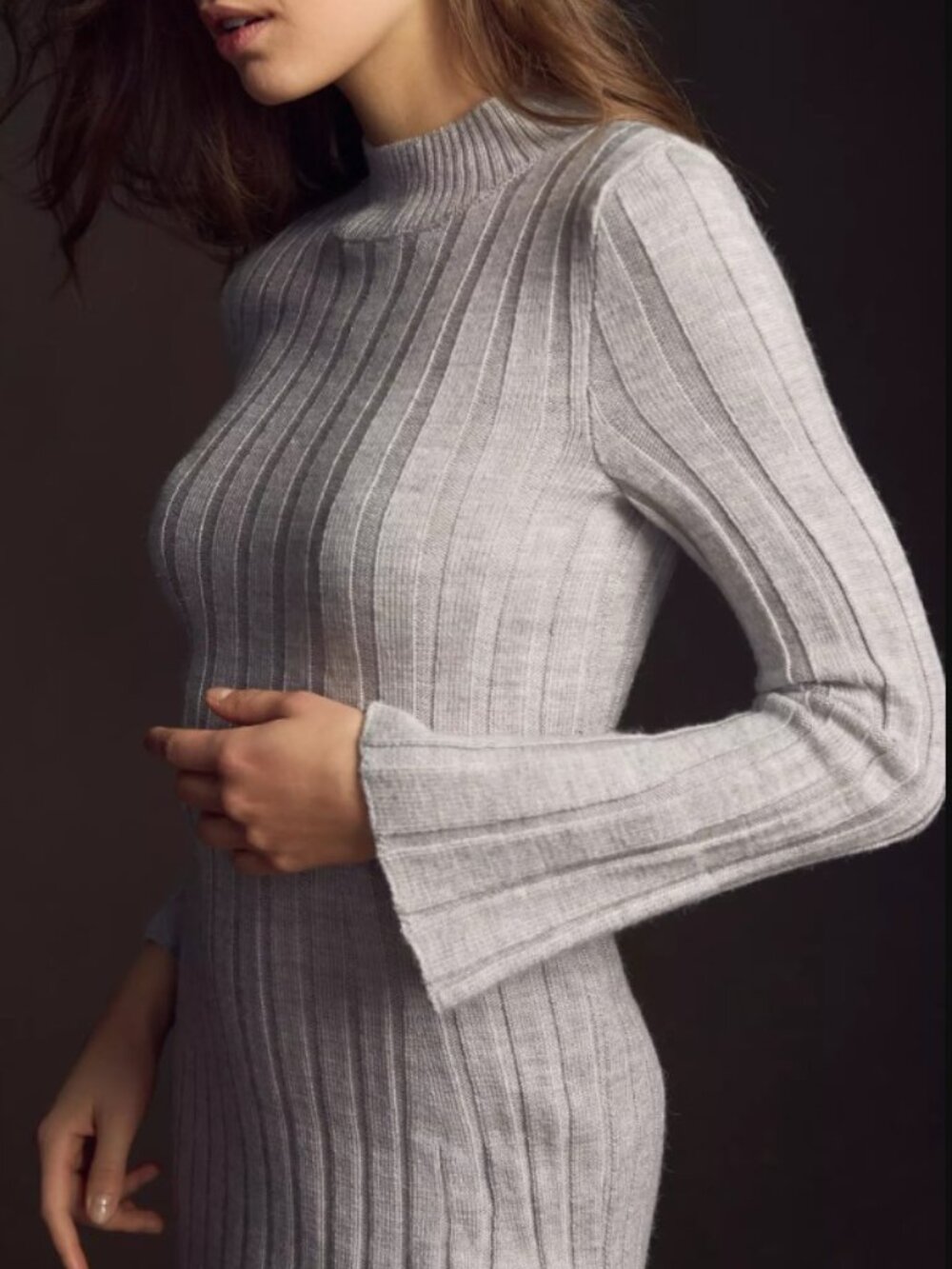 ANTHROPOLOGIE Gray Sz Small Stretchy Ribbed Mock Neck Flare Sleeve Sweater Dress